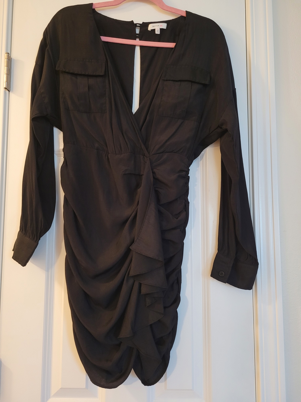 Black Long-Sleeve Rouched Mini Dress